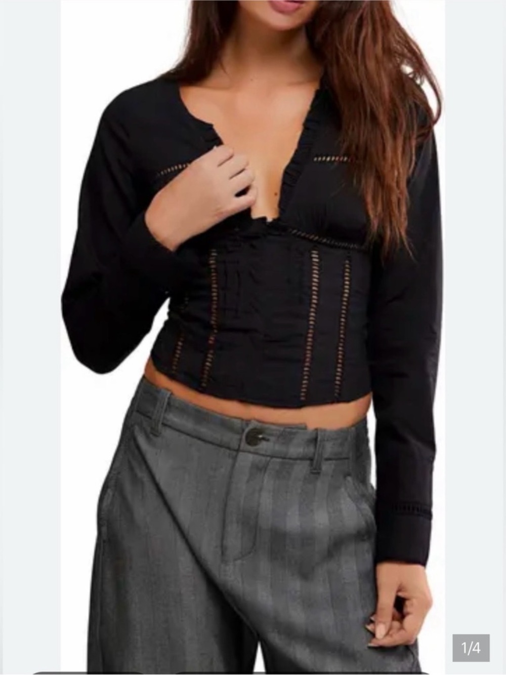 T10 Free People Cotton Corset Top Hook & Eye Smocked Back Ladder Cutout Detail
